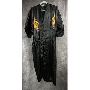 Golden Dragon Vintage Embroidered Satin Kimono Robe Black Large Men's Loungewear